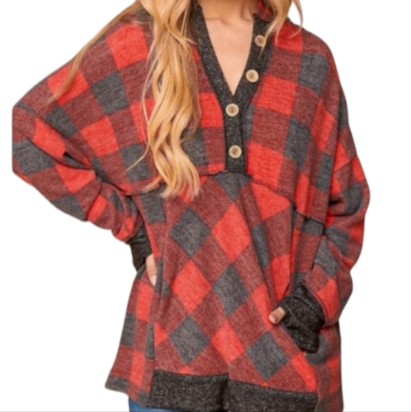 Haptics Tops - Oversized Hoodie EUC Red and black buffalo check with thumbholes and poc…